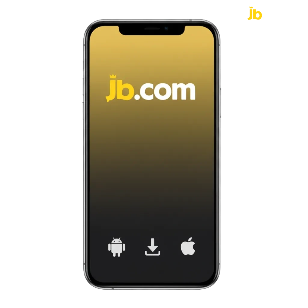 JB Casino-app op smartphone, Android- en iOS-logo's, casino en sport, welkomstbonus tot $20.000.