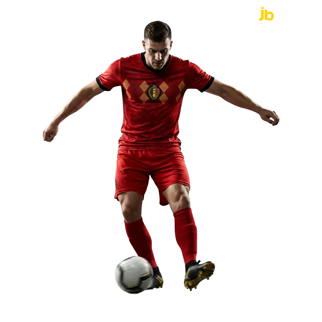 Belgian football betting promo for JB Casino with decimal odds, live stats, and a welcome bonus offer.