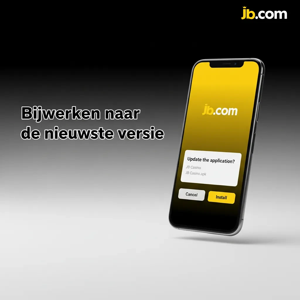 Scherm met 'Bijwerken naar de nieuwste versie': Versie-sectie, knop Controleer op updates, JB Casino APK en iOS PWA tips.