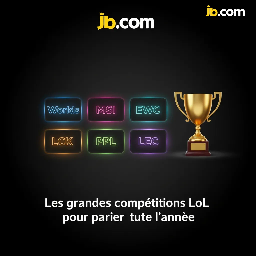 Visuel esports LoL avec calendrier et logos Worlds, MSI, EWC, LCK, LPL, LEC, évoquant des paris toute l’année.