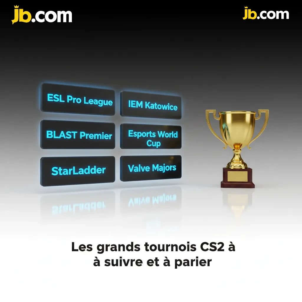 Montage des principaux tournois CS2: Majors, ESL Pro League, BLAST, IEM, Esports World Cup, StarLadder; thème paris e-sport.