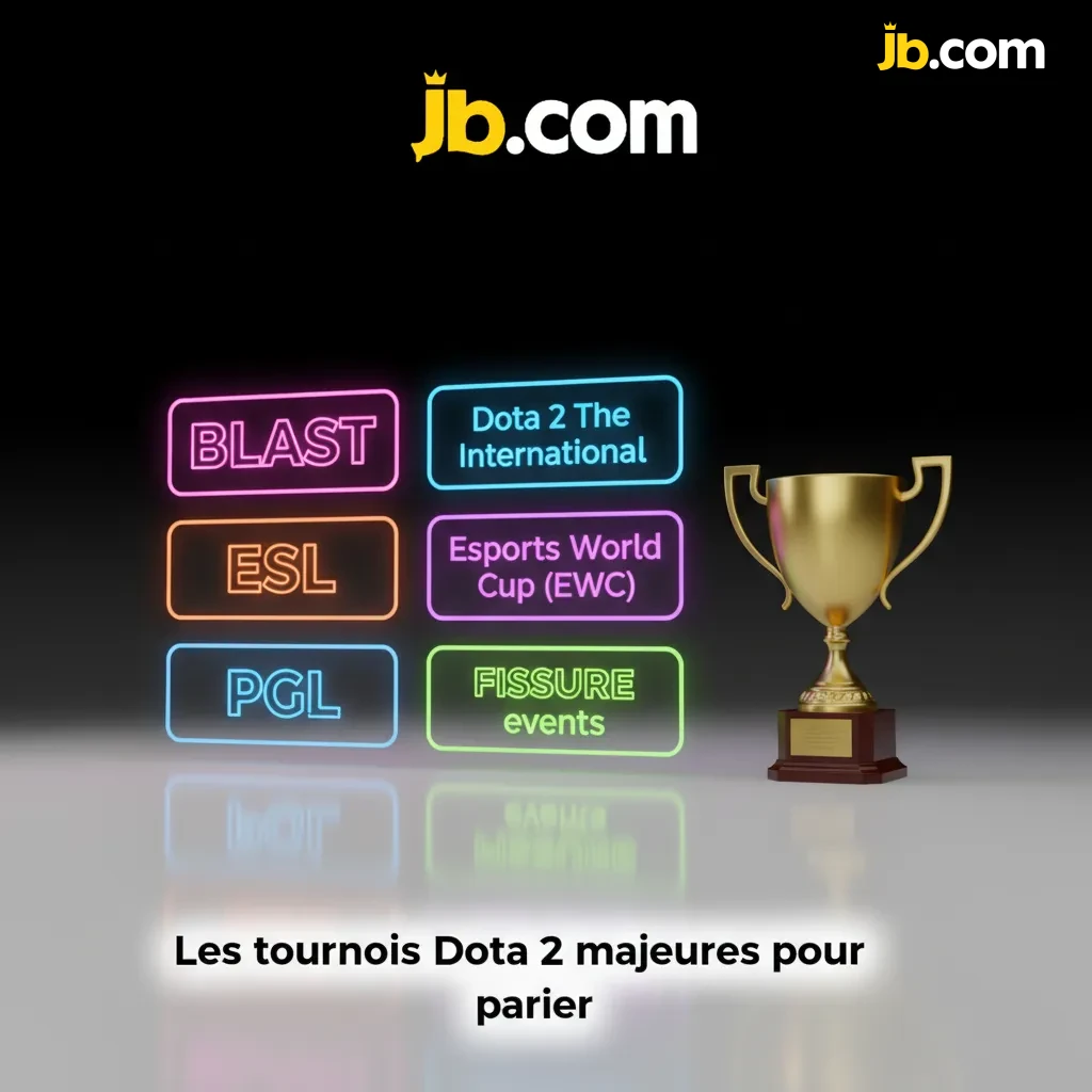 Affiche des tournois majeurs Dota 2 pour parier: logos TI, ESL, BLAST, EWC, PGL, FISSURE avec cotes.