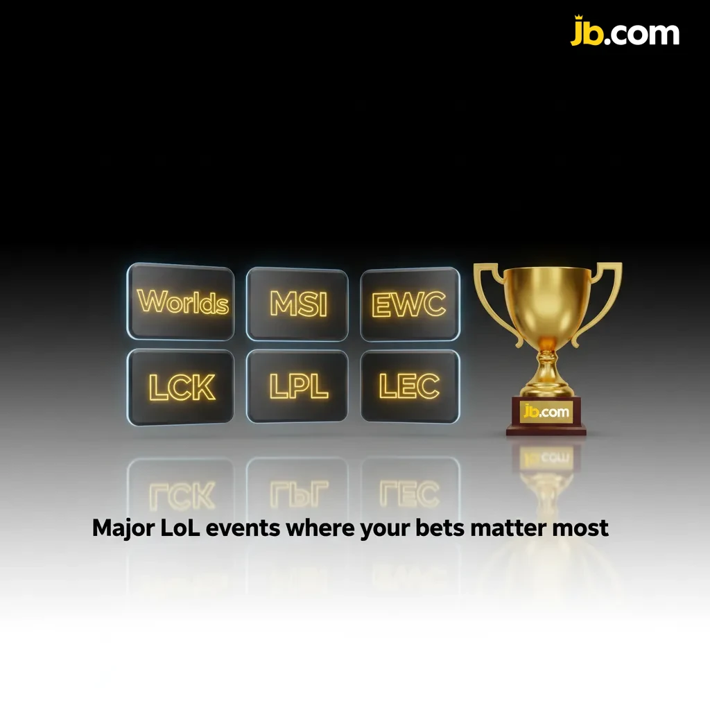 LoL betting banner with major events: Worlds, MSI, EWC, and regional leagues LCK, LPL, LEC; teams like T1, JDG, G2, Fnatic.