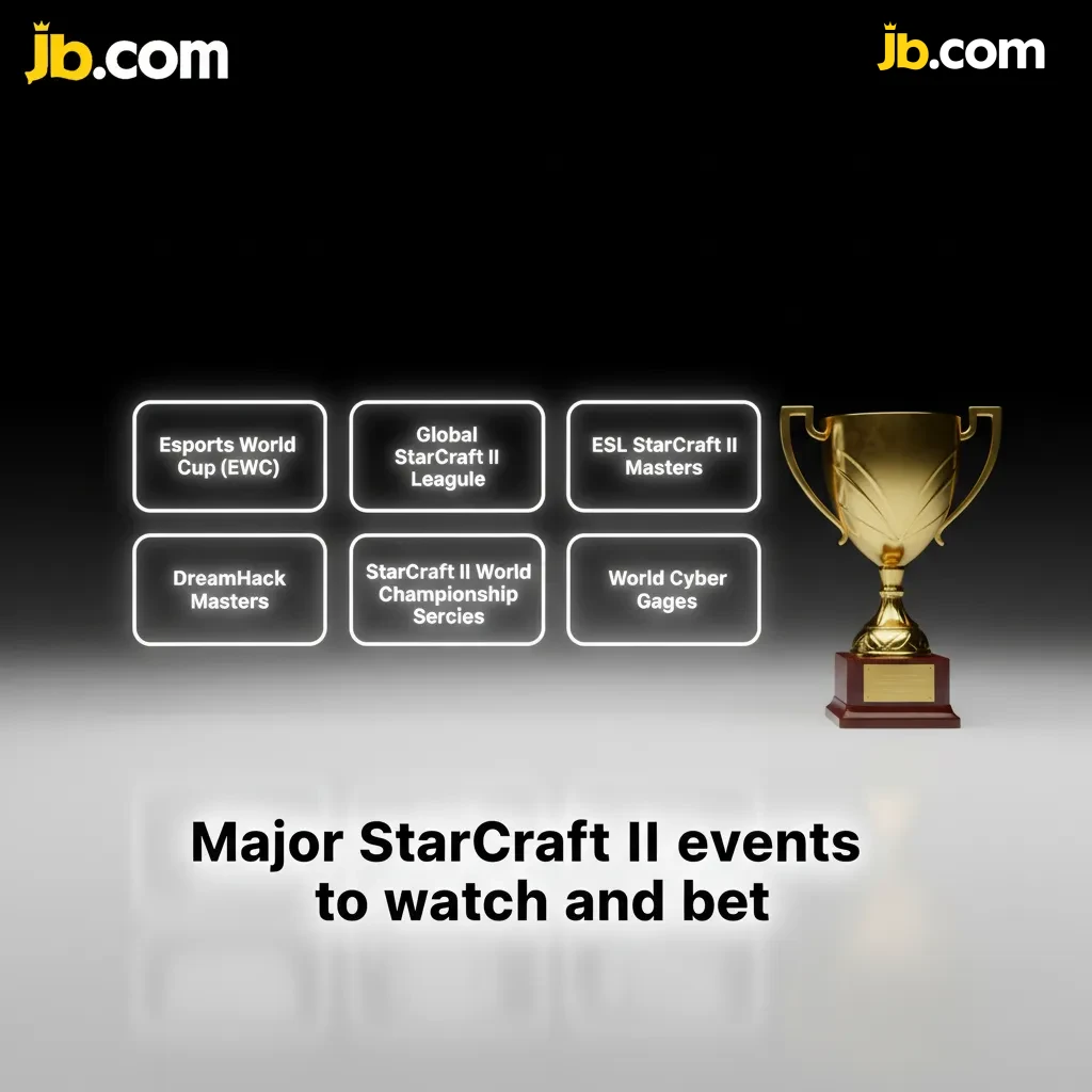 Graphic of major StarCraft II events to watch and bet: EWC, GSL, ESL Masters, IEM Katowice, TSL, HomeStory, WTL, NationWars.
