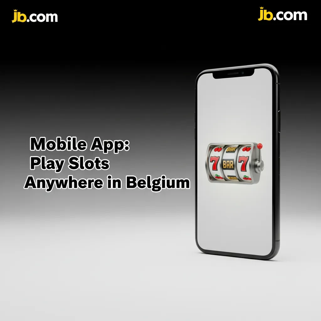 Smartphone showing the JB Casino slots app with search bar and bottom tabs, enabling slot play anywhere in Belgium.