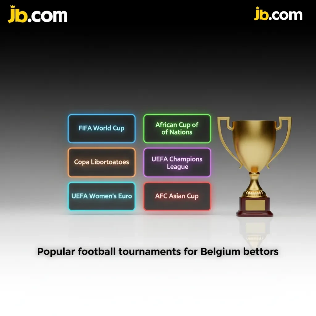 Graphic of football tournaments and markets for Belgian bettors: World Cup, EURO, UCL, Pro League, EPL, La Liga, Bet Builder