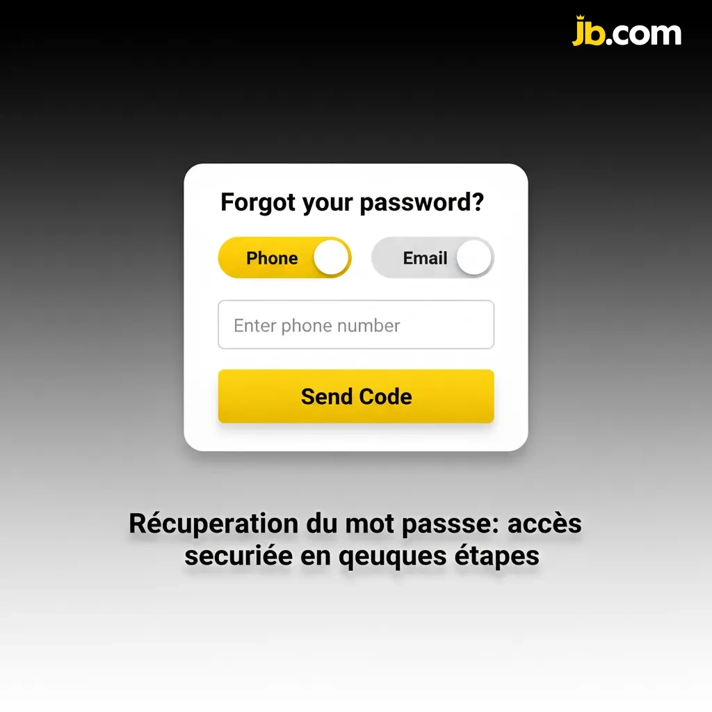 Écran de récupération du mot de passe: options e‑mail/SMS, lien, création d’un mot de passe fort, 2FA, support.