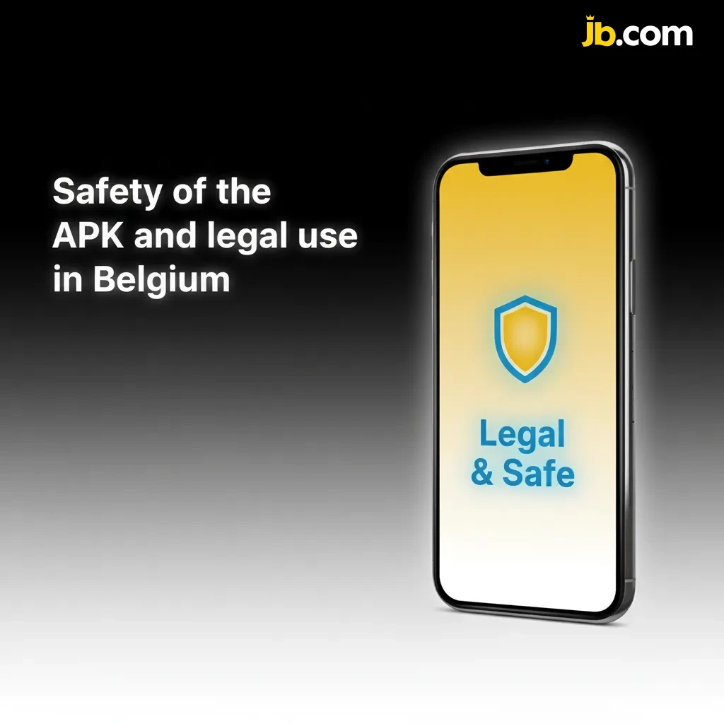 Smartphone with shield and Belgian flag, showing Belgium-licensed APK, SSL-encrypted, and secure regulated official download.