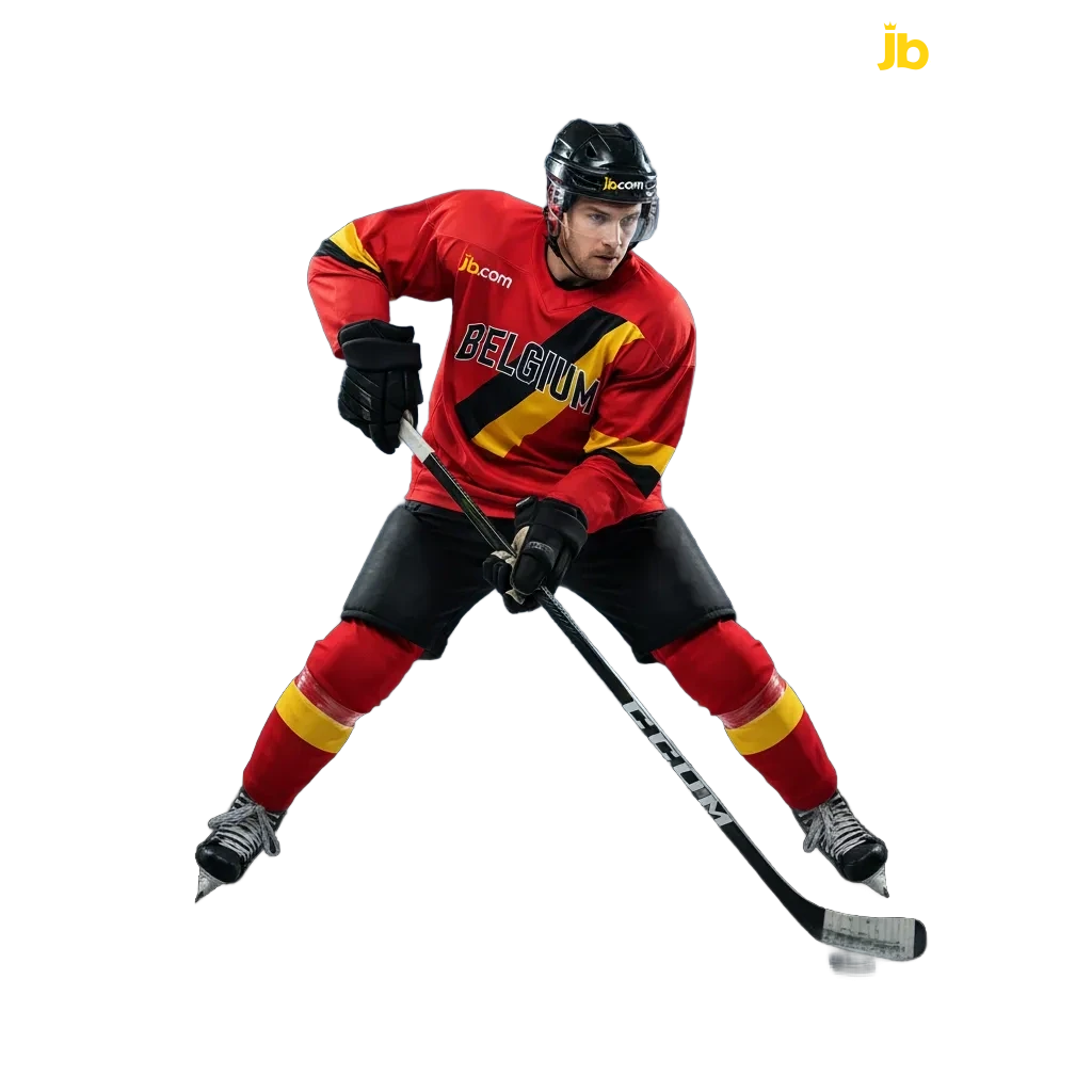Banner met JB Casino ijshockeyweddenschappen voor Belgen: pre-match/live odds, 1X2, puck line, cash-out, welkomstbonus.