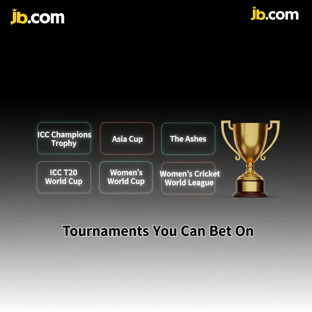 List of cricket tournaments to bet on: ODI WC, T20 WC, The Ashes, WTC, IPL, Belgian T20, ECS T10; live markets available.