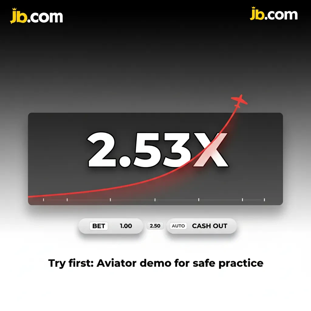 Screenshot of Aviator demo at JB Casino: plane climbing with virtual money, Auto Bet and Auto Cashout.