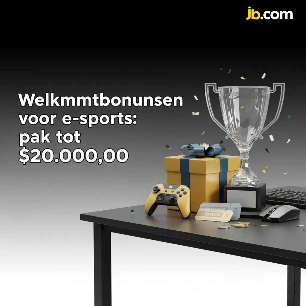 Banner met e-sports welkomstbonus tot $20.000 en stappen: registreren, bonus kiezen, storten, code, inzetvereisten.