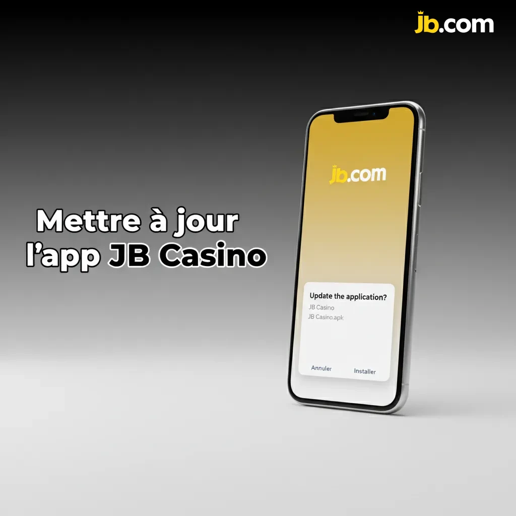 Écran montrant la mise à jour de l’app JB Casino: Android (APK/message), iOS PWA (Safari, vider cache), réseau et espace.