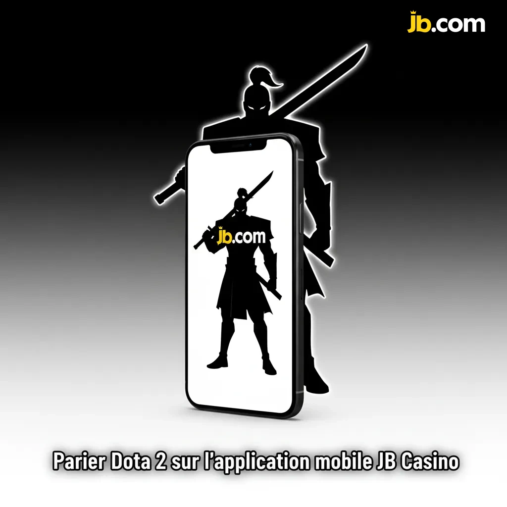 Main tenant un smartphone avec l’app JB Casino, interface de paris Dota 2 en direct avec cotes et sélection de matchs.
