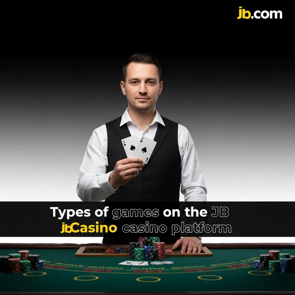 JB Casino game types: slots, crash, table games, jackpots, video poker, instant win, with popular titles shown.