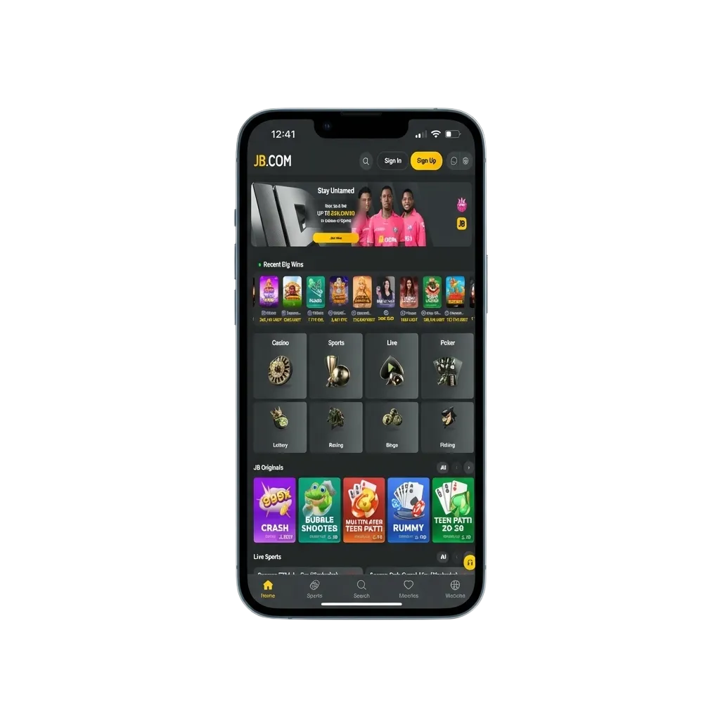 Scherm met JB Casino iOS app-promotie in het Nederlands, met downloadknop, iPhone en claim van $20.000 bonus in België