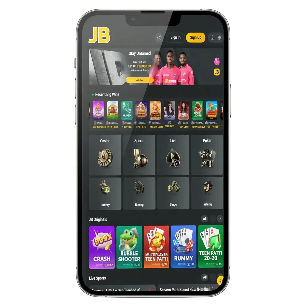 Phone screen showing JB Casino app download prompt with offer up to $20,000 for new players
