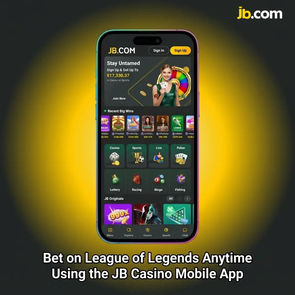 JB Casino mobile app open on a smartphone showing League of Legends esports betting markets and live odds