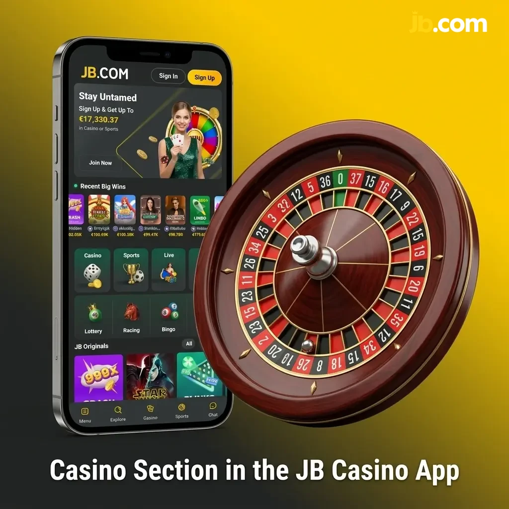 Casino section of the JB Casino app showing slots, live dealer games, and table games from top providers like Pragmatic Play