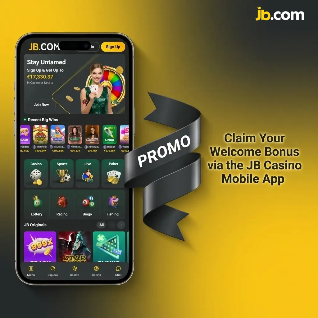 JB Casino mobile app screen showing welcome bonus claim steps including registration, cashier deposit, and bonus activation