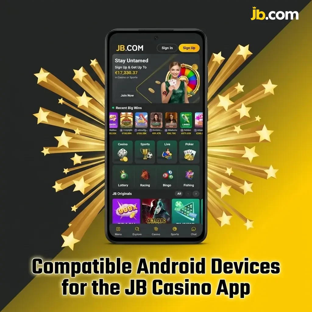 Compatible Android devices for JB Casino app including Samsung, Xiaomi, Google Pixel, OnePlus, Huawei, Oppo, Sony, Motorola