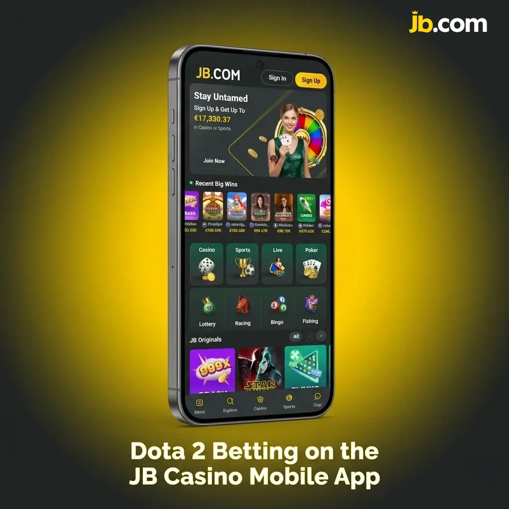 JB Casino mobile app interface showing Dota 2 betting options with live markets and sportsbook features on a smartphone screen