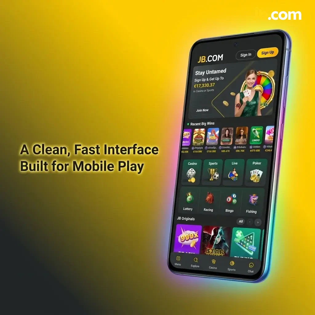 JB Casino PWA mobile interface showing fast-loading casino lobby with games, live betting, and account tools on Android and iOS