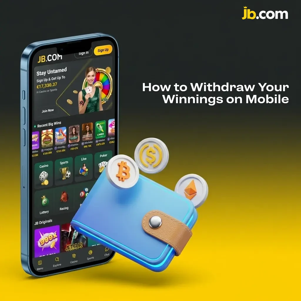 Mobile withdrawal steps on JB Casino app showing account menu, method selection, amount entry, and confirmation process