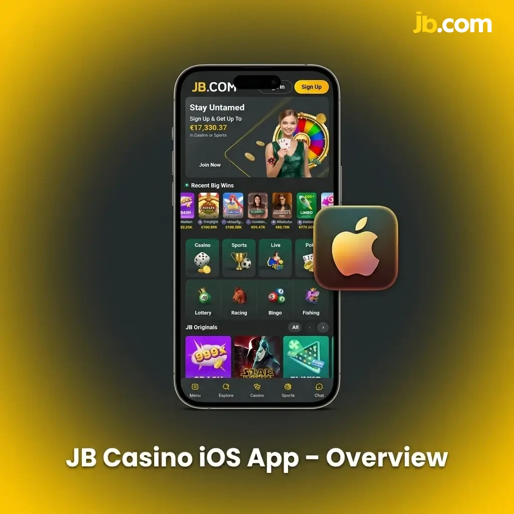 JB Casino iOS app interface on iPhone and iPad showing sports betting, live casino, and account management features