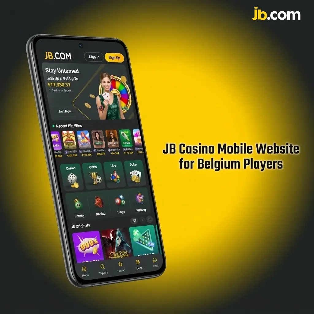 JB Casino mobile website interface on smartphone and tablet for Belgium players, no download required