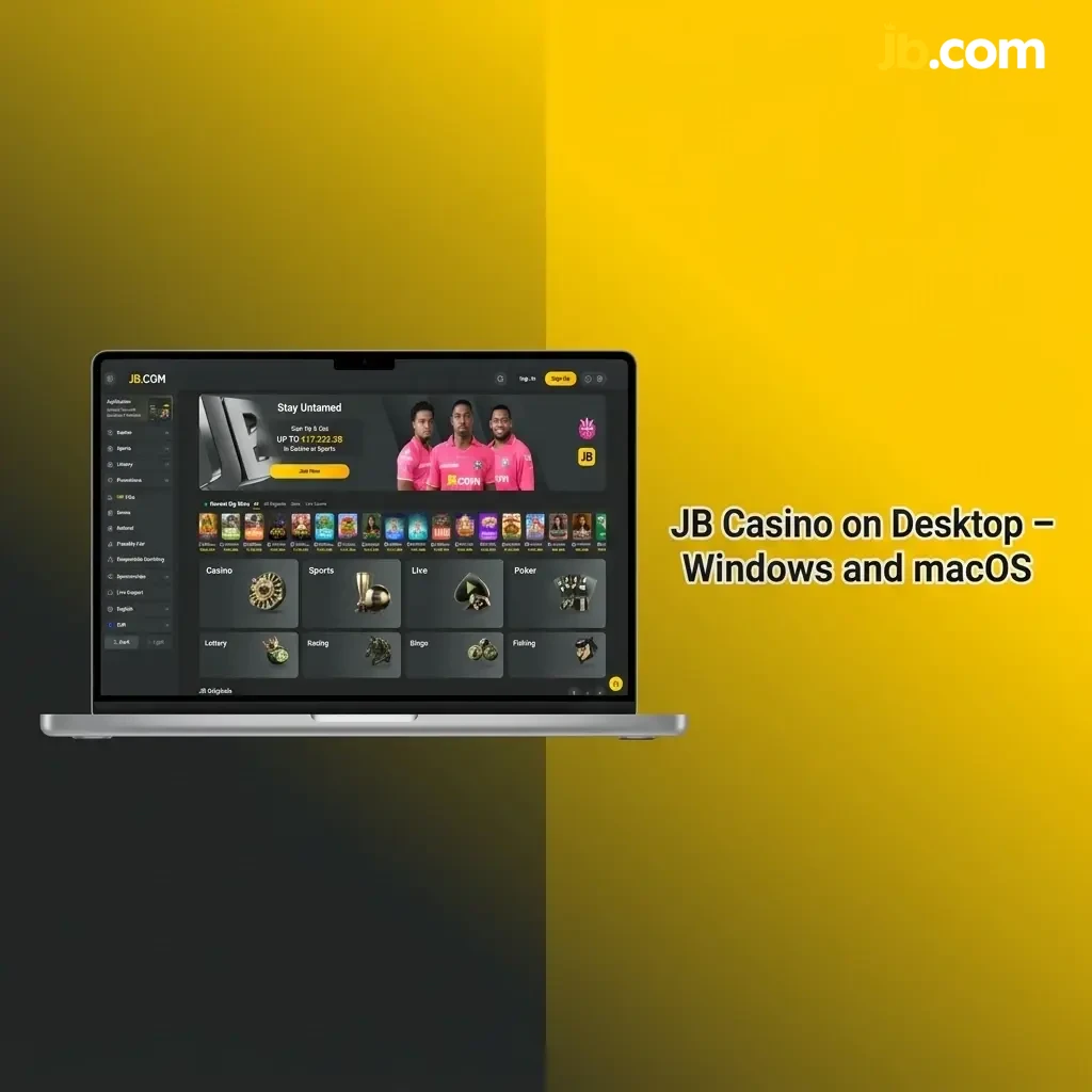 JB Casino desktop browser interface on Windows and macOS, accessible via Chrome, Firefox, Edge, and Safari without download