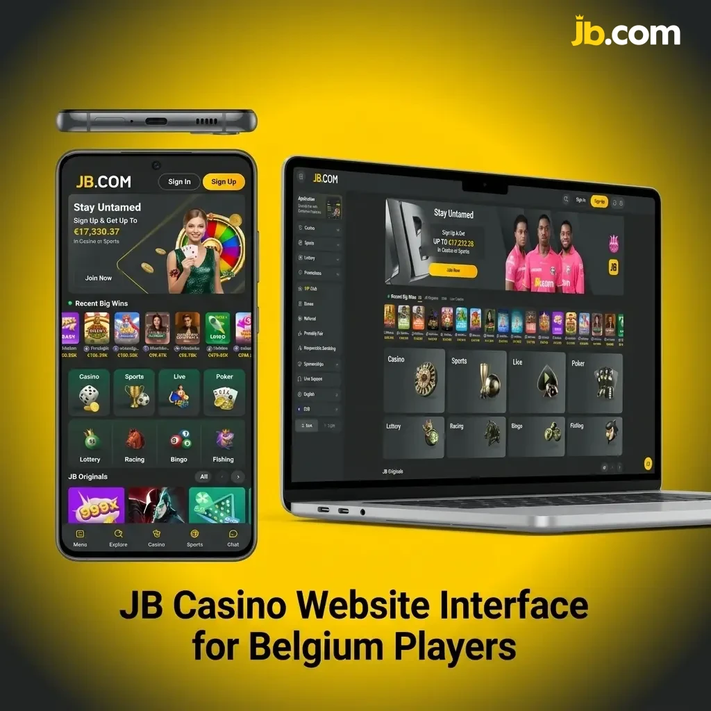 JB Casino website interface showing top navigation bar with Sports Betting, Live Casino, and Promotions for Belgium players