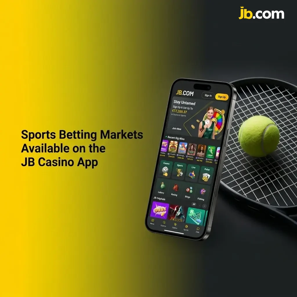 JB Casino app sportsbook showing betting markets for football, tennis, basketball, esports and more Belgian sports options