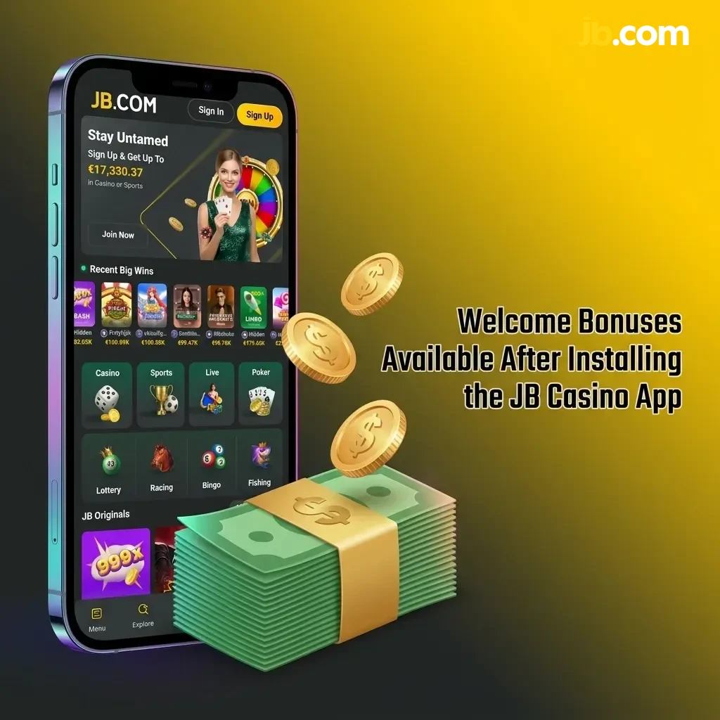 JB Casino app welcome bonuses including up to €17,000 package with deposit match, free spins, and sports betting offers